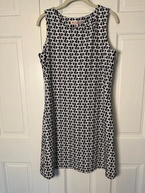 Jude Connally Sleeveless Shift Dress Large Navy White Chain Print Stretch Knit